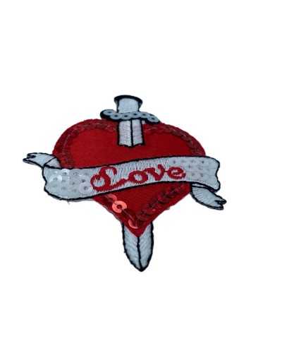 Applicazione Termoadesiva Patch Marbet Paillettes Ricamo Cuore Spada Love Rosso Bianco 7x6 Cm