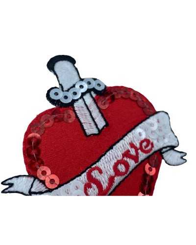 Thermoadhäsiver Applikationspatch Marbet Pailletten Stickerei Herz Schwert Liebe Rot Weiß 7x6 cm