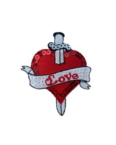 Thermoadhesive Application Patch Marbet Sequins Embroidery Heart Sword Love Red White 7x6 Cm