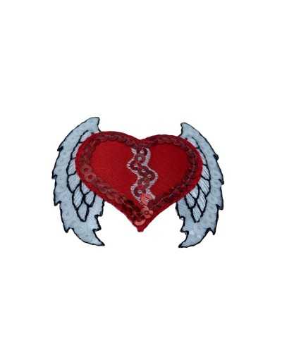 Applicazione Termoadesiva Patch Marbet Paillettes Ricamo Cuore Ali Rosso Bianco Nero 65x50 Mm
