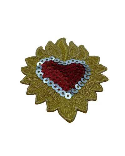 Parche termoadhesivo de marbet bordado con lentejuelas CORAZÓN rojo con llama dorada 55x70 mm