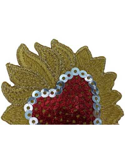 Thermo-adhesive marbet patch embroidered with red HEART sequins with gold flame 55x70 mm