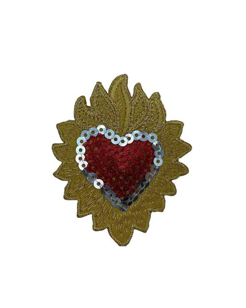 Parche termoadhesivo de marbet bordado con lentejuelas CORAZÓN rojo con llama dorada 55x70 mm