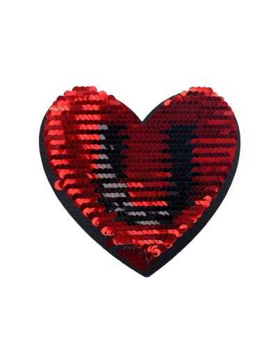 Thermo-adhesive application embroidered marbet patch Heart reversible in red sequins 85x80 Mm