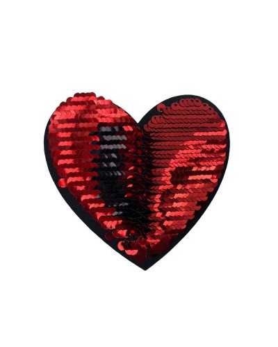 Application thermocollante patch marbet brodé Coeur réversible en sequins rouges 85x80 Mm