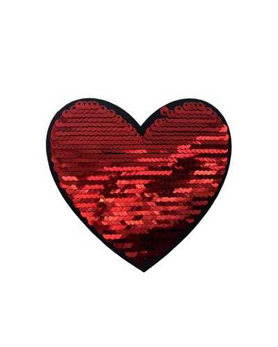 Application thermocollante patch marbet brodé Coeur réversible en sequins rouges 85x80 Mm