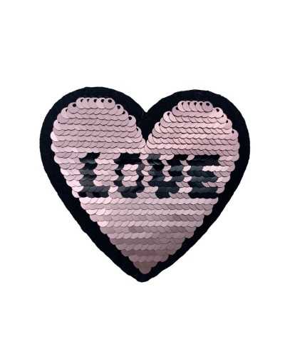 Aufnäher zum Aufbügeln, Herz aus Pailletten, mit Aufschrift „Love“, schwarz, wendbar, rosa und silber, 85 x 80 mm