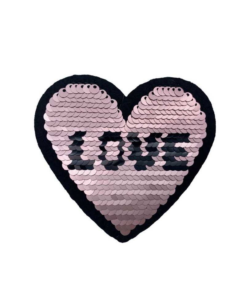 Aufnäher zum Aufbügeln, Herz aus Pailletten, mit Aufschrift „Love“, schwarz, wendbar, rosa und silber, 85 x 80 mm