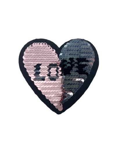 Toppa patch termoadesiva cuore in paillettes scritta love nera reversibile rosa e argento 85x80 mm