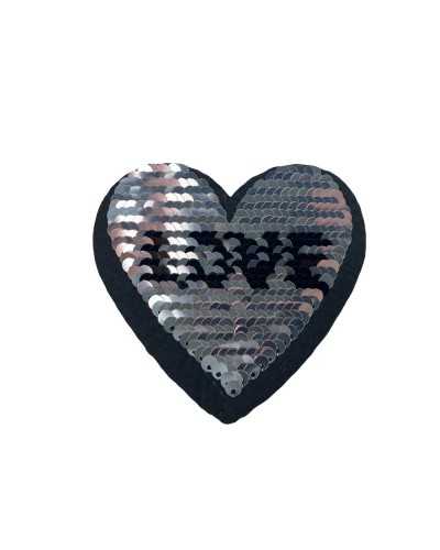 Iron-on patch heart in sequins written love black reversible pink and silver 85x80 mm