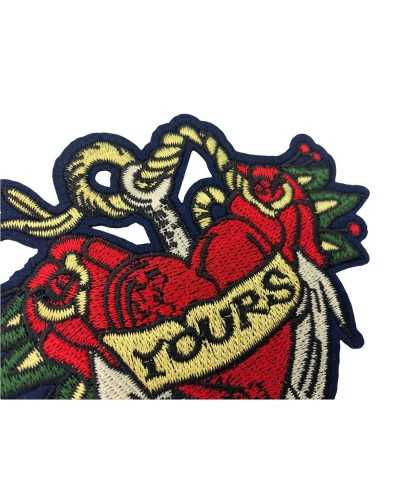 Iron-on application patch red heart patch blue background yours writing 12x10 cm