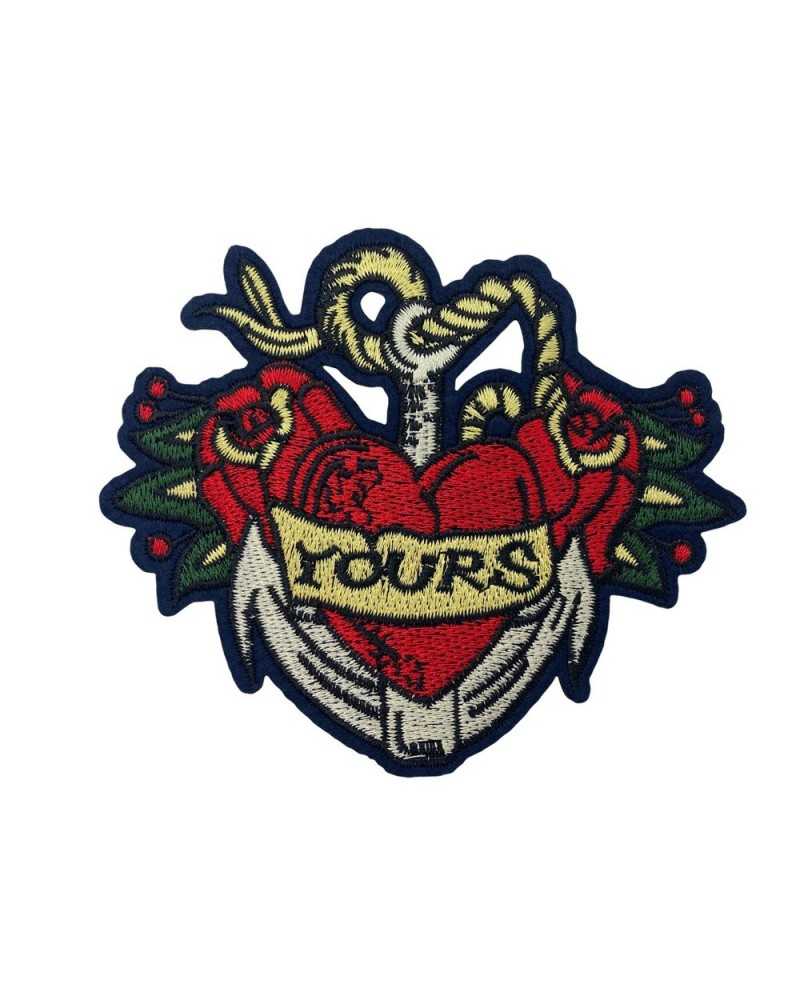 Aufnäher zum Aufbügeln, rotes Herz, blauer Hintergrund, Ihr Schriftzug, 12 x 10 cm