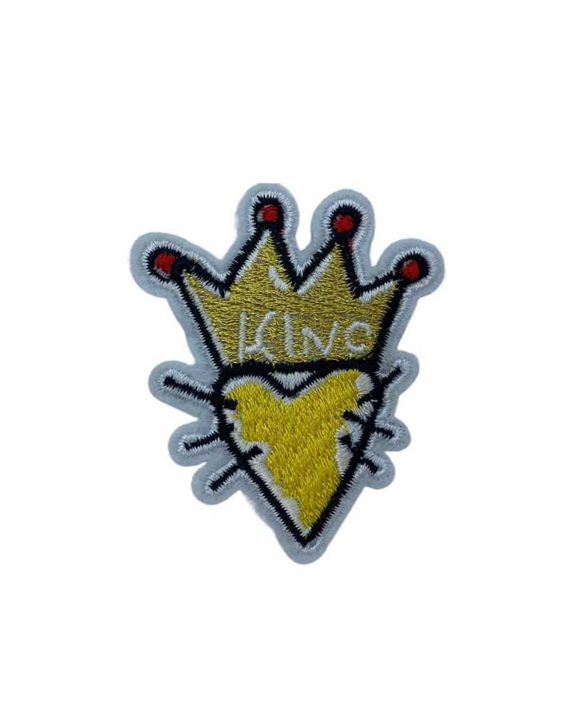 Applicazione Moda Cuore Corona Scritta King Termoadesiva Ricamo Lurex Giallo 6x5 Cm