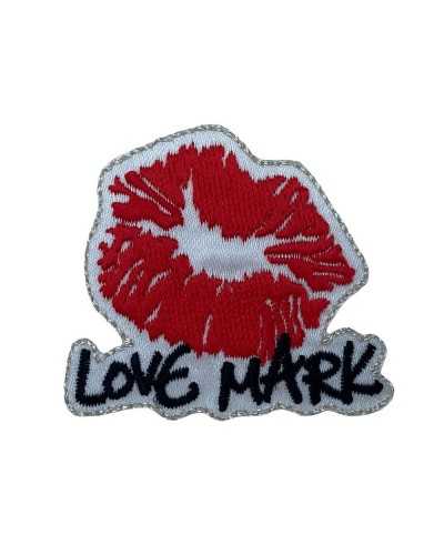 Thermoadhesive application embroidered patch marbet lips kiss love mark red black and white 45x45 mm