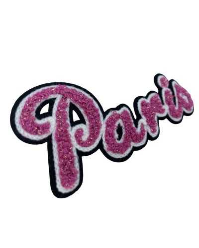 Thermoadhäsiver Applikationspatch Marbet Stickerei Paris geschriebener Woll-Lurex-Faden Rosa Weiß Schwarz 11x5 cm