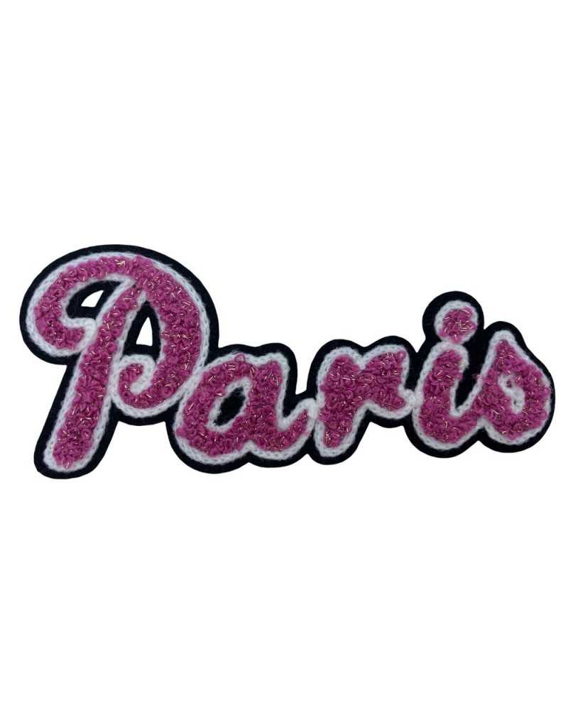 Thermoadhäsiver Applikationspatch Marbet Stickerei Paris geschriebener Woll-Lurex-Faden Rosa Weiß Schwarz 11x5 cm