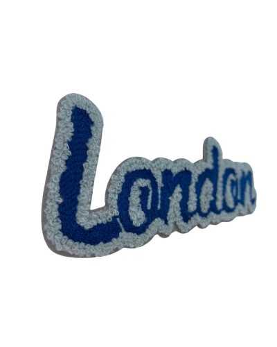 Patch marbet thermocollant brodé écriture london en laine grise et bleue 145x60 mm