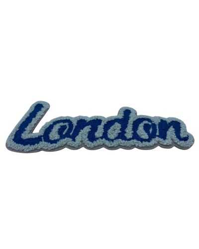 Patch marbet thermocollant brodé écriture london en laine grise et bleue 145x60 mm