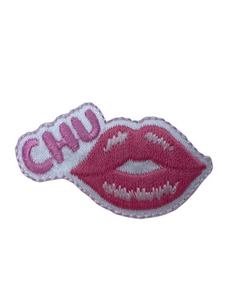 Application thermoadhésive Broderie Patch Marbet Lips Bacio Chu Rose Blanc 50x25 Mm