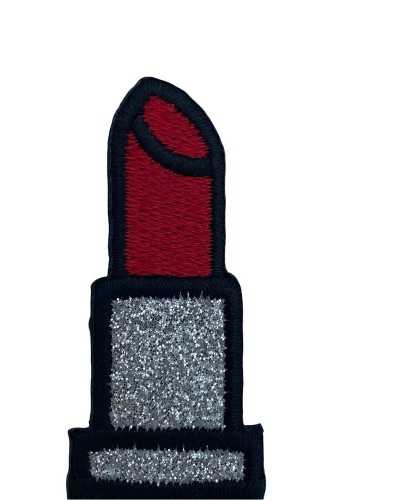 Application Iron-on Patch Embroidered Black Red Lipstick Silver Glitter Written Girly White 8x2 Cm