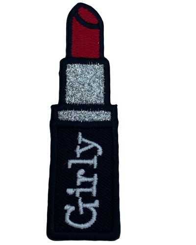 Application Iron-on Patch Embroidered Black Red Lipstick Silver Glitter Written Girly White 8x2 Cm