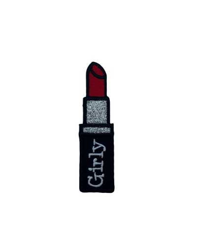 Anwendung Aufnäher zum Aufbügeln, bestickt, Schwarz, Rot, Lippenstift, Silber, Glitzer, Aufschrift Girly White, 8 x 2 cm