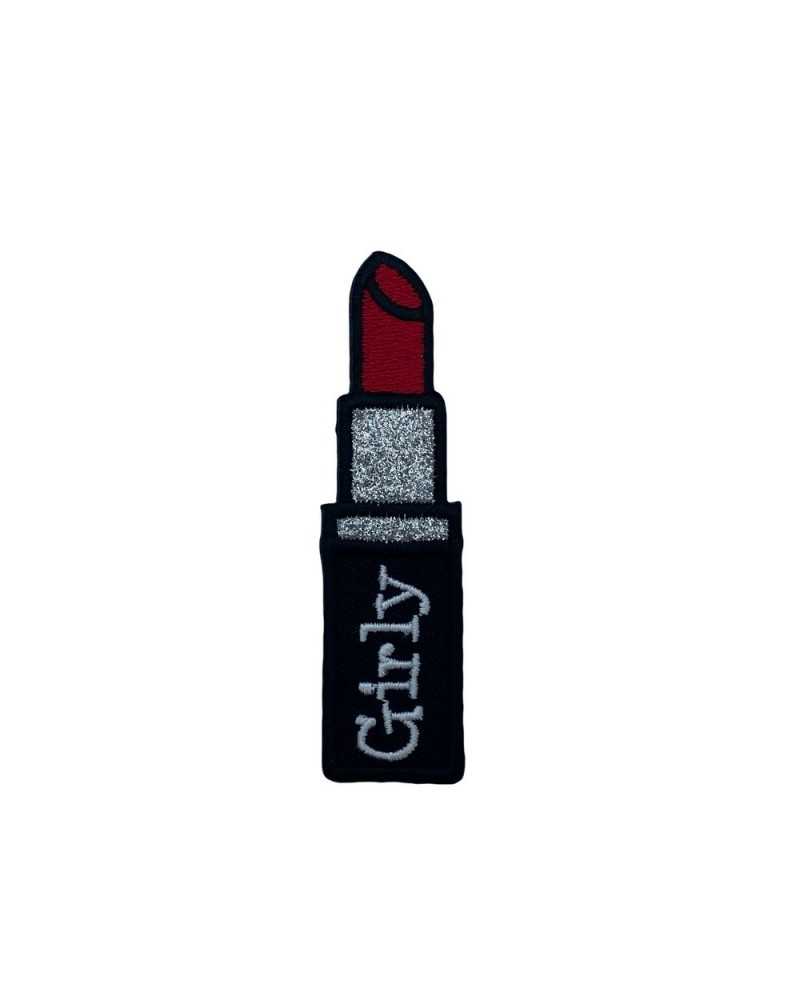 Aplicación Parche Termoadhesivo Bordado Negro Rojo Lápiz Labial Plata Brillo Escrito Girly Blanco 8x2 Cm