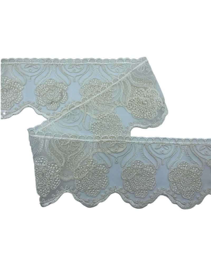Passamaneria Pizzo Tulle Merletto Ricamo Rosa Rebrodè Fiore Smerlato Alto 12 Cm