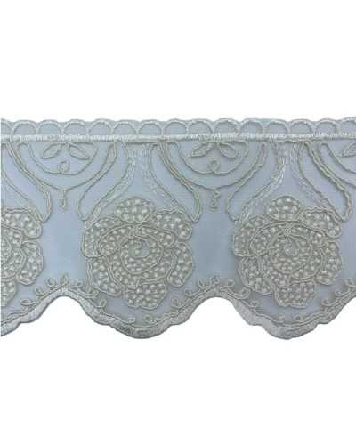 Passamaneria Pizzo Tulle Merletto Ricamo Rosa Rebrodè Fiore Smerlato Alto 12 Cm