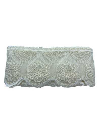 Passamaneria Pizzo Tulle Merletto Ricamo Rosa Rebrodè Fiore Smerlato Alto 12 Cm