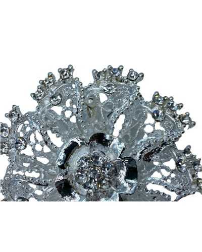 Brosche, Juwel, Blume, erhaben, Strass, unedles Metall, Silber, mm 75