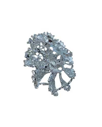 Broche Bijou Fleur En Relief Strass Socle Métal Argenté Mm 75