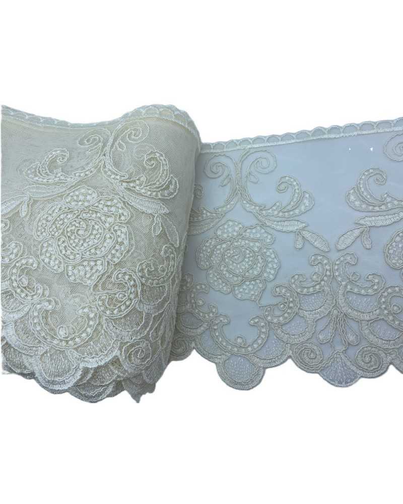 Passementerie Dentelle Tulle Dentelle Broderie Rose Rebrodè Fleur Festonnée 20 Cm De Haut