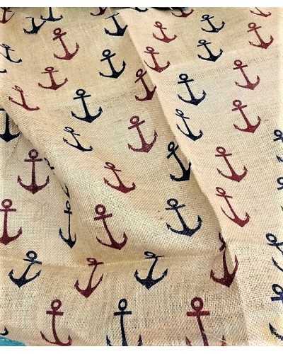 Tela de yute natural estampada anclas azules y rojas de 140 cm de altura