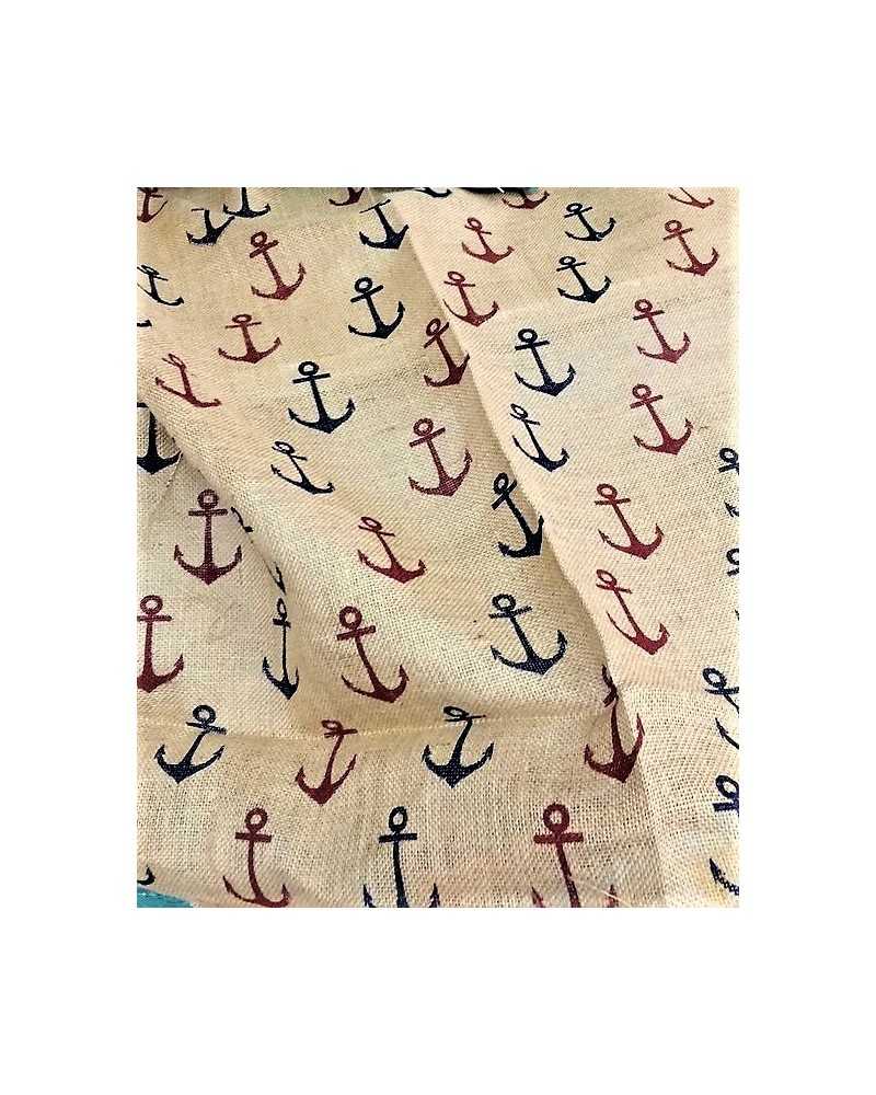Tela de yute natural estampada anclas azules y rojas de 140 cm de altura