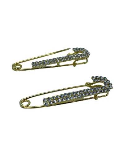 Pin-Haken-Brosche, Pelzrock, Portemonnaie, Umhang, polierter Stahl, Strass, 2 Reihen, 75 x 15 mm