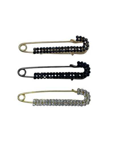 Pin-Haken-Brosche, Pelzrock, Portemonnaie, Umhang, polierter Stahl, Strass, 2 Reihen, 75 x 15 mm