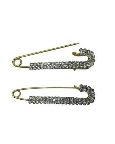 Pin-Haken-Brosche, Pelzrock, Portemonnaie, Umhang, polierter Stahl, Strass, 2 Reihen, 75 x 15 mm