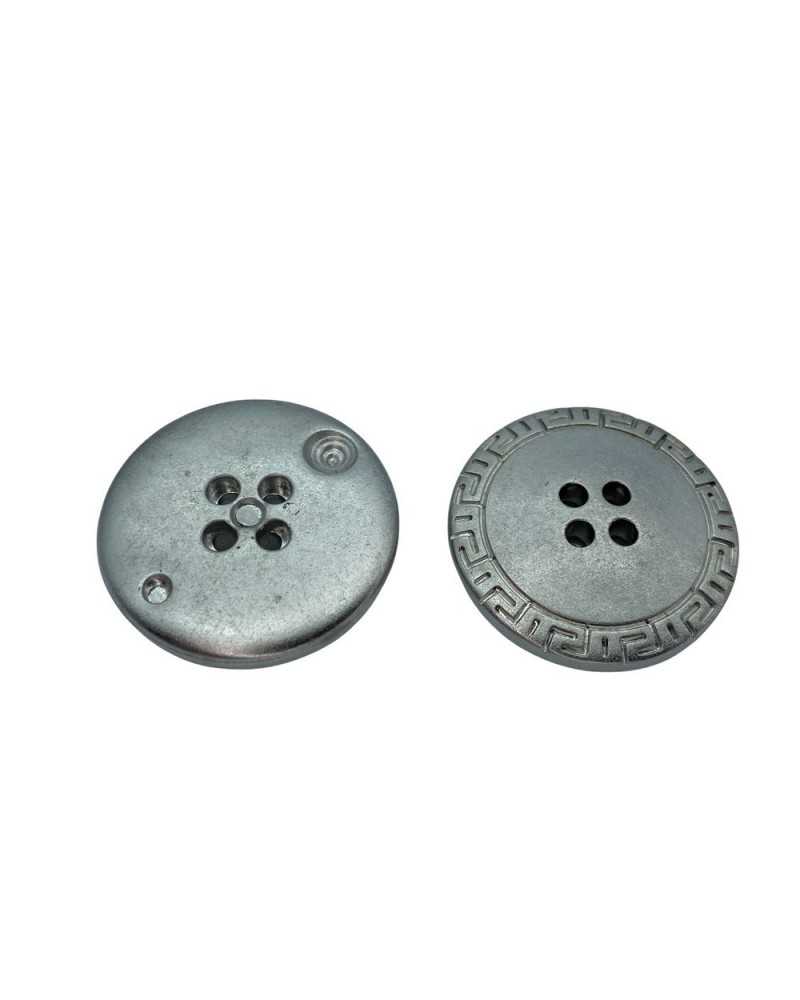 Runder Zamak-Silberknopf mit 4 Löchern, groß, griechisch, 3 cm