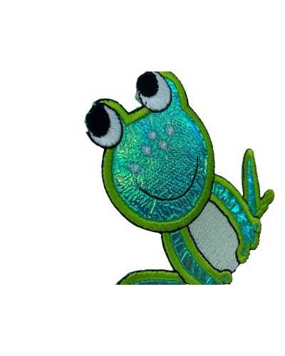 Aufnäher zum Aufbügeln, Stickerei, Frosch, Lurex, Lächeln, 8 cm