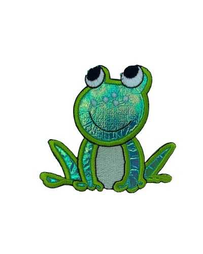 Application Patch Ecusson Thermocollant Broderie Grenouille Lurex Sourire 8 Cm