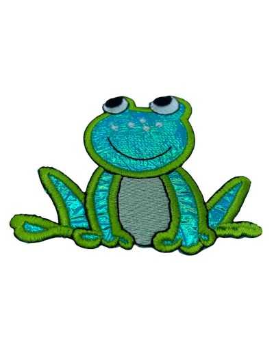 Aufnäher zum Aufbügeln, Stickerei, Frosch, Lurex, Lächeln, 8 cm