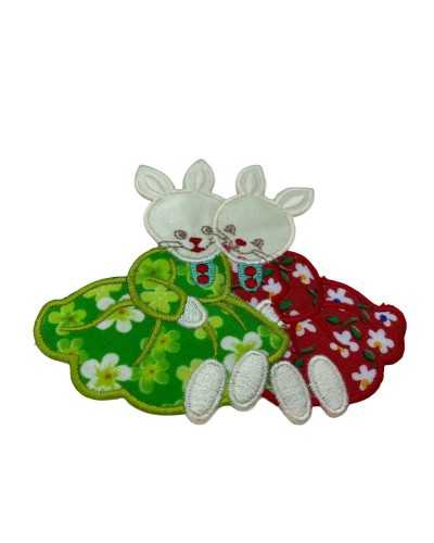 Thermoadhesive Application Couple Rabbit Satin Embroidery Dress Cotton Flowers 10x9 Cm