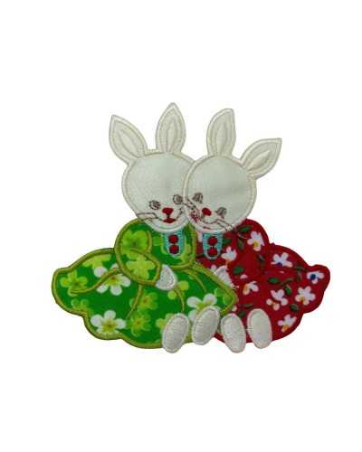 Thermoadhesive Application Couple Rabbit Satin Embroidery Dress Cotton Flowers 10x9 Cm