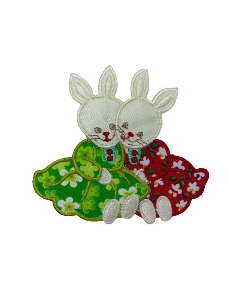 Thermoadhesive Application Couple Rabbit Satin Embroidery Dress Cotton Flowers 10x9 Cm