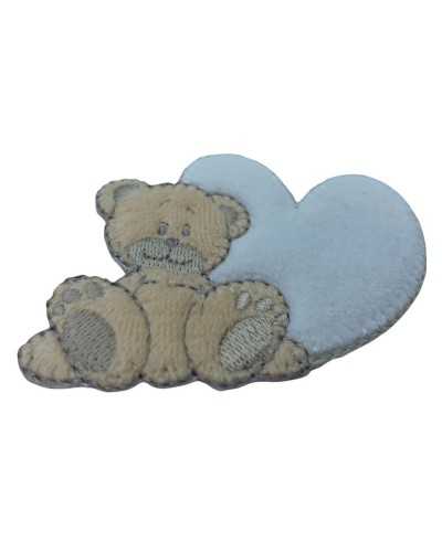 Thermoadhesive Application Baby Beige Bear Sitting Velvet Heart 7x6 Cm