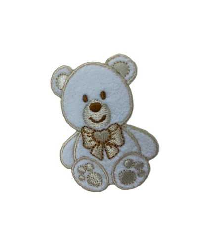 Thermoadhäsive Anwendung Marbet-Patch, bestickter Baby-Samt, weiße Basis, Teddybär-Herzschleife, 145 x 105 mm