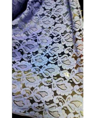 Tissu dentelle en coton mélangé avec motif cachemire lilas et feuille rose 110 cm de haut