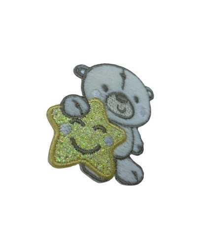 Applikation Teddybär Gelb Glitzer Wangen Stickerei Beige 48x50 Mm
