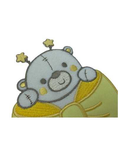 Application Bébé Nounours Velours Broderie Noeud Joues Étoiles Jaunes 9x12 Cm